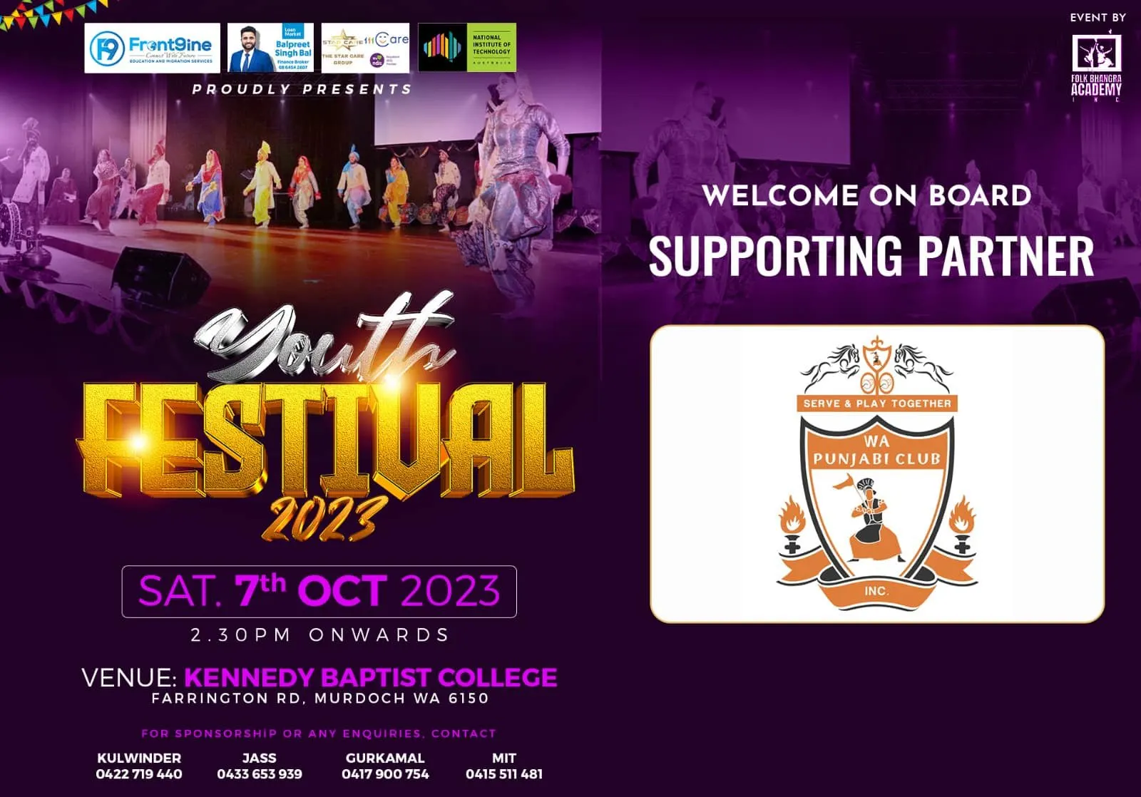 Poster for Folk Bhangra Academy's Youth Festival 2023 announcing WA Punjabi Club as a supporting partner
